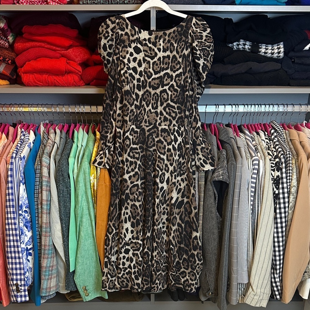 Eliza J brown/black/tan leopard long sleeve back zip closure midi dress size 6